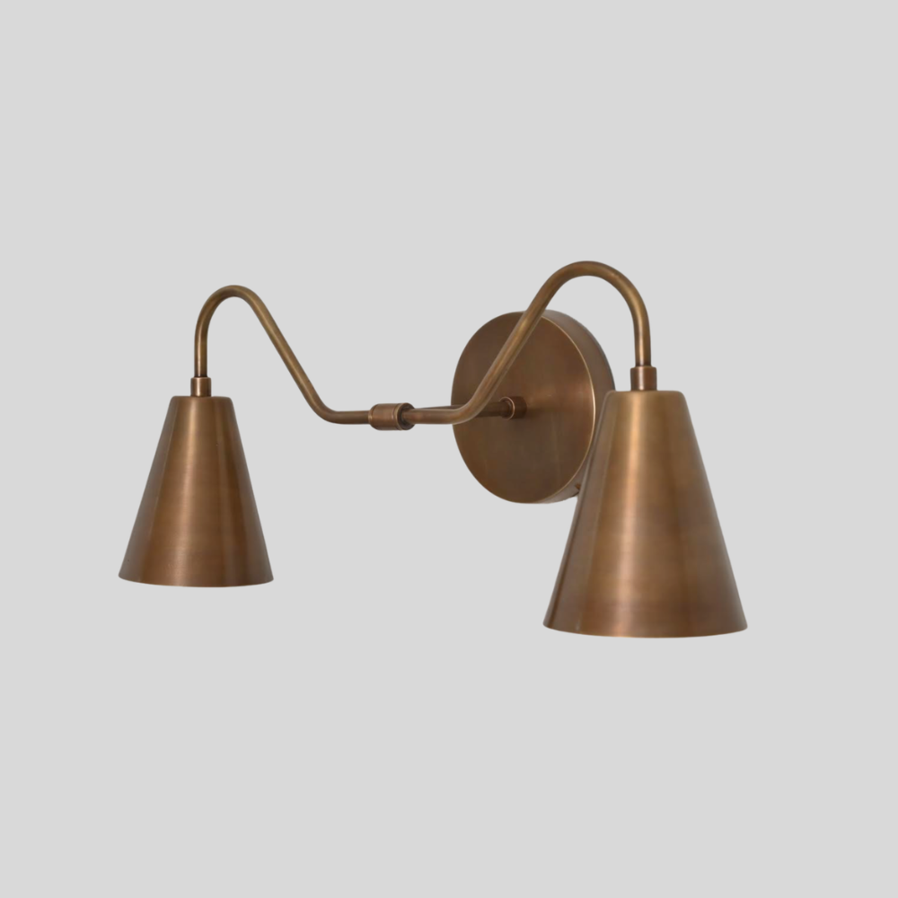 Double Long Cone Vanity Light - Mid Century 2 Brass Shades Wall Sconce