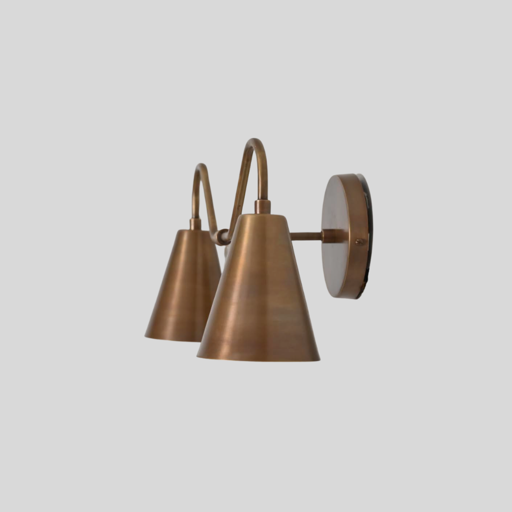 Double Long Cone Vanity Light - Mid Century 2 Brass Shades Wall Sconce
