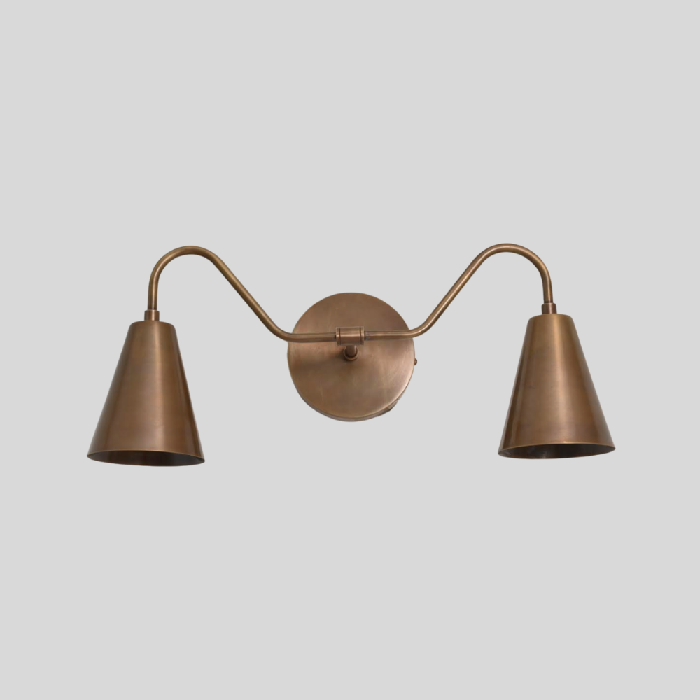 Double Long Cone Vanity Light - Mid Century 2 Brass Shades Wall Sconce