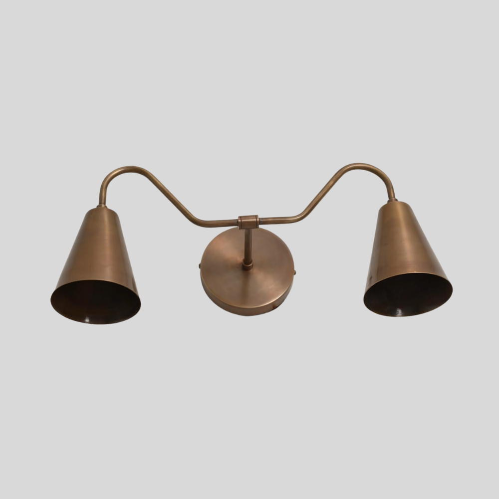 Double Long Cone Vanity Light - Mid Century 2 Brass Shades Wall Sconce