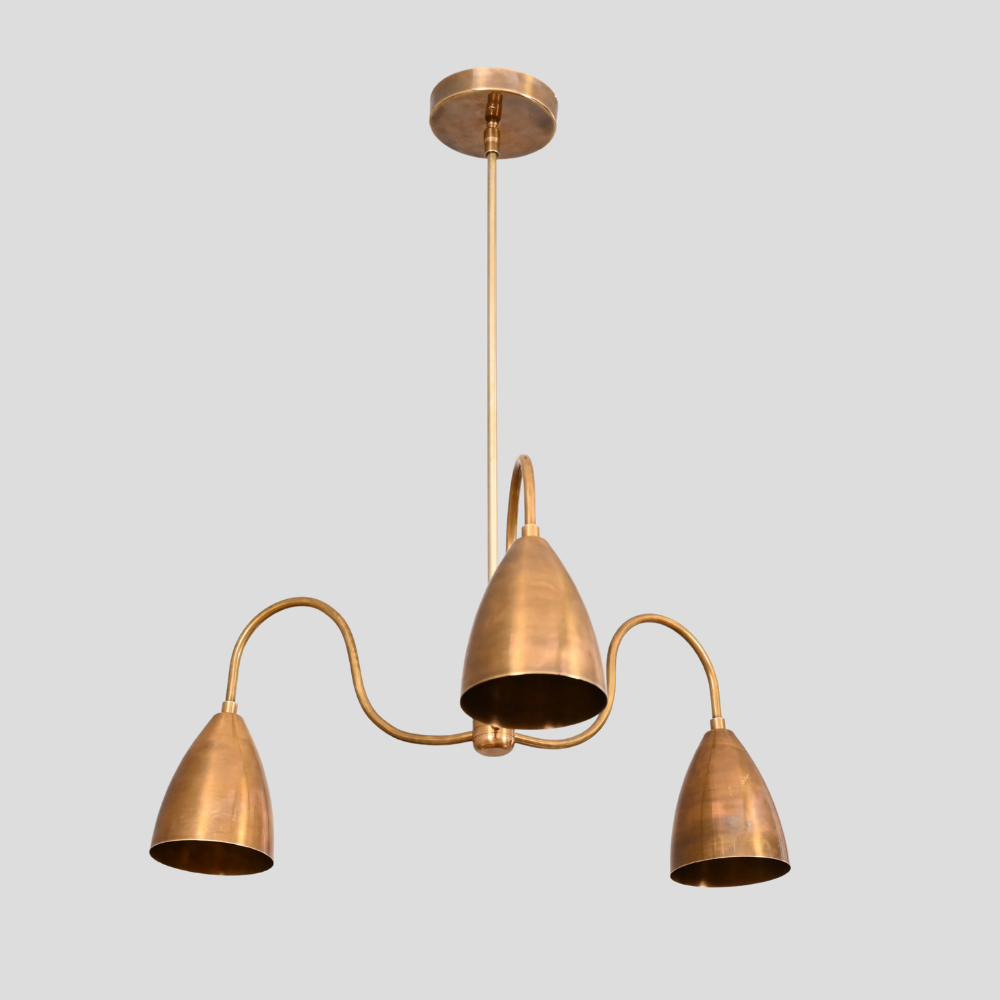Three Arm Brass & Black Pendant - Downward Shades Chandelier