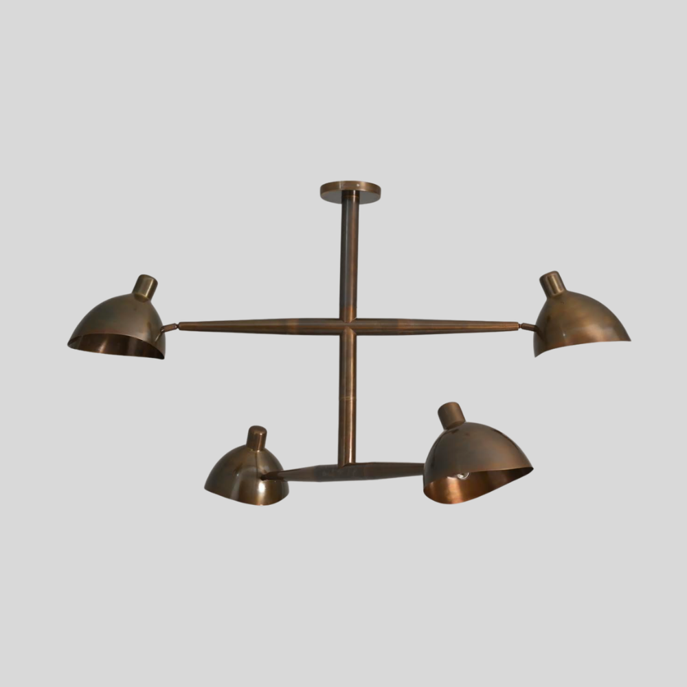 4 Light Brass Linear Chandelier - Mid Century Dome Shade Ceiling Light