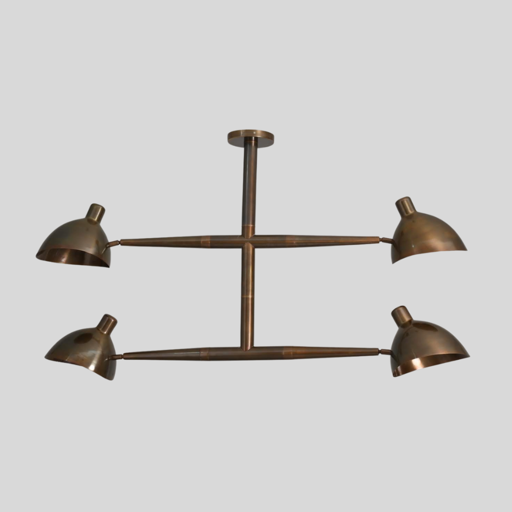 4 Light Brass Linear Chandelier - Mid Century Dome Shade Ceiling Light