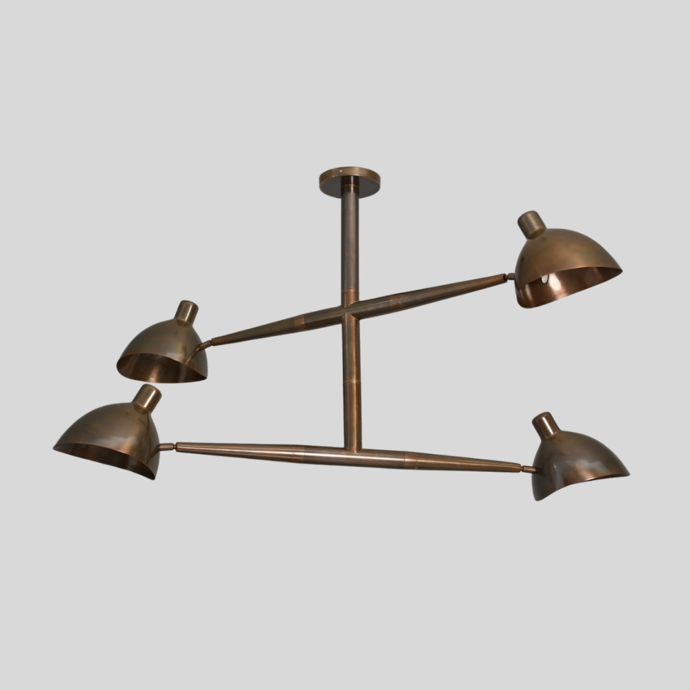 4 Light Brass Linear Chandelier - Mid Century Dome Shade Ceiling Light