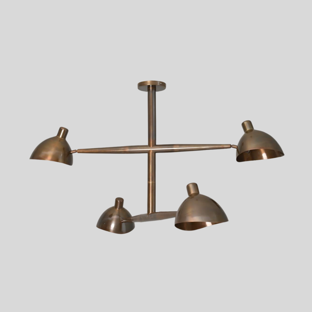 4 Light Brass Linear Chandelier - Mid Century Dome Shade Ceiling Light