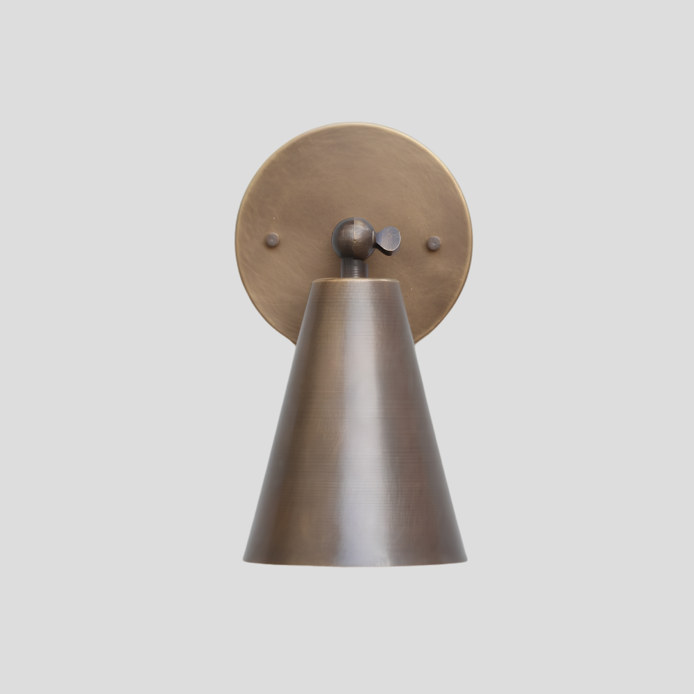 Adjustable Brass Cone Spot Light - Mid Century Modern Wall Sconce with Tapered Cone Shade, Articulated Tilting Ball Joint, Short Arm, and Round Wall Mount Base