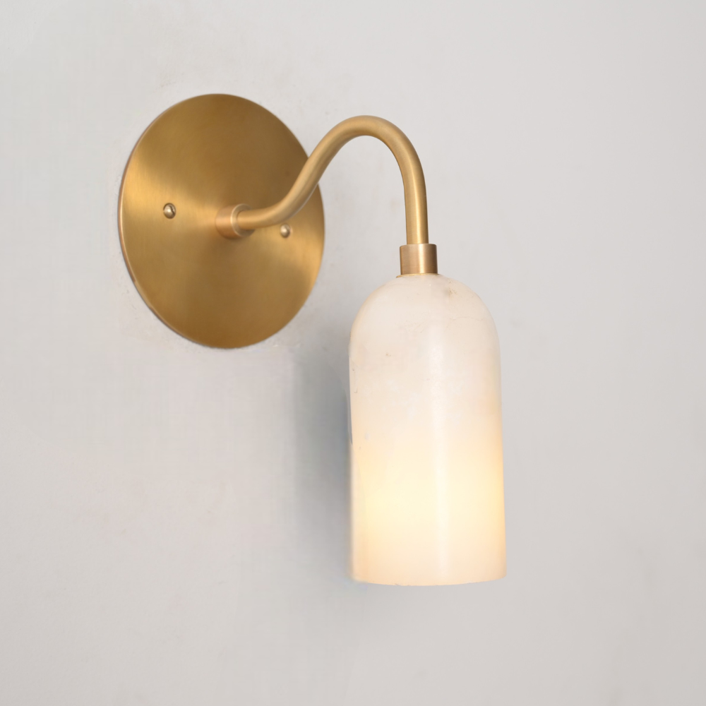 Modern mid century alabaster wall light in brushed brass finish
