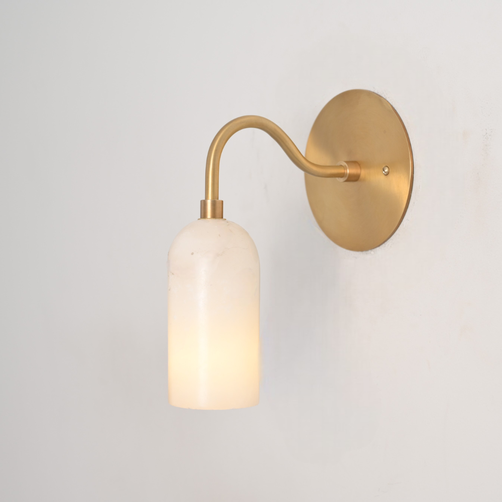 Brass curved wall sconce with natural alabaster marble diffuser 
