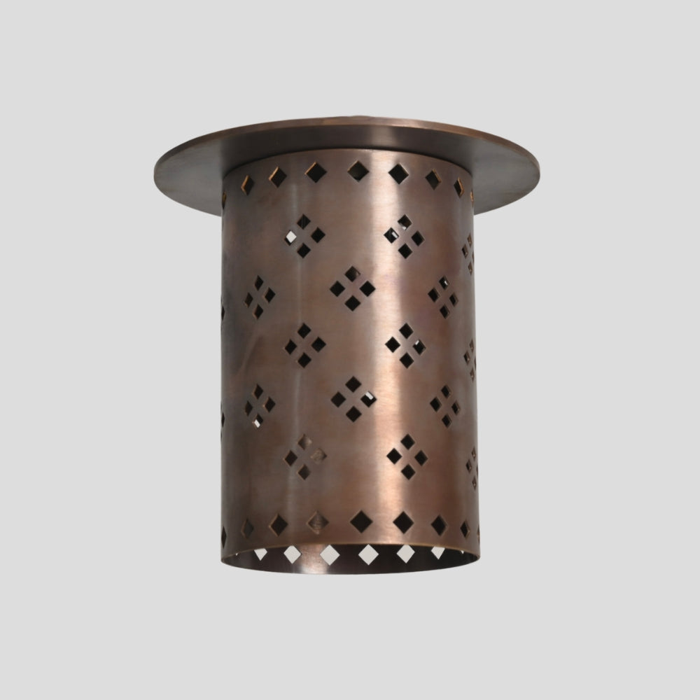 Brass Ceiling Perforated Spot Light - Flush Mount Light with antique brass cylindrical shade, diamond-shaped perforated pattern, circular brass canopy backplate, and contemporary ceiling fixture design.