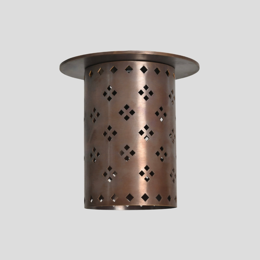 Brass Ceiling Perforated Spot Light - Flush Mount Light with antique brass cylindrical shade, diamond-shaped perforated pattern, circular brass canopy backplate, and contemporary ceiling fixture design.