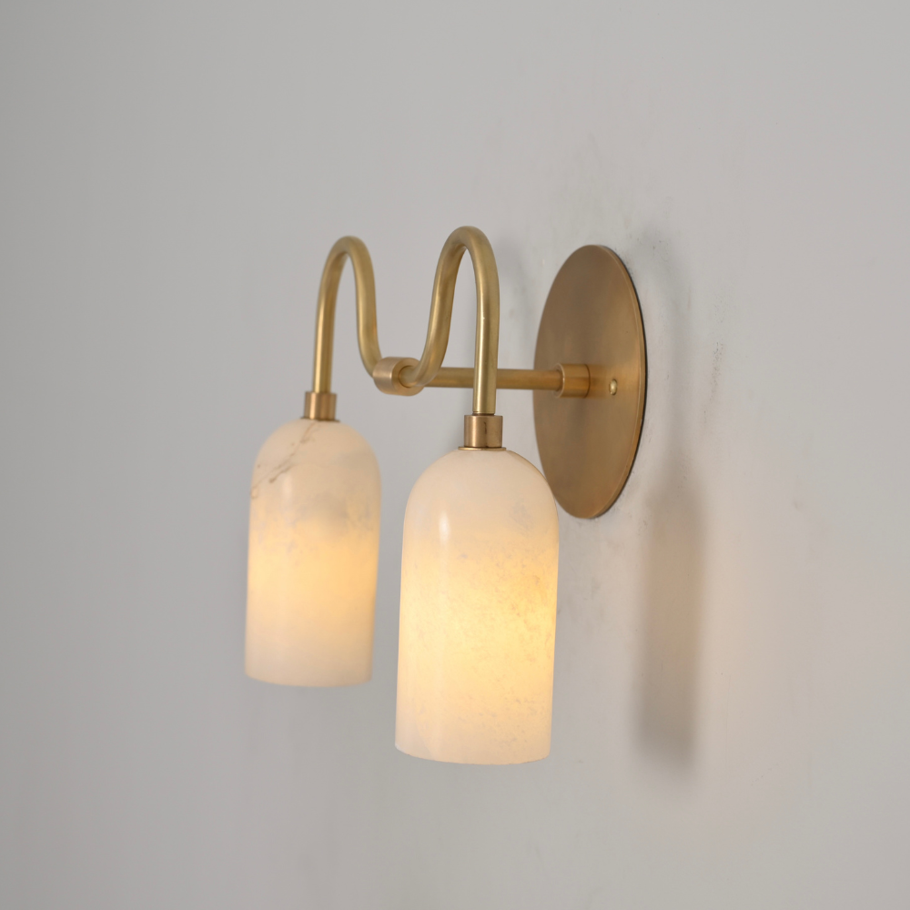 Minimalist mid century brass wall light with natural alabaster shades