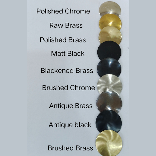 Row of circular metal finish samples including Polished Chrome, Raw Brass, Polished Brass, Brushed Chrome, Brushed Brass, Matt Black, and Antique Brass finishes.