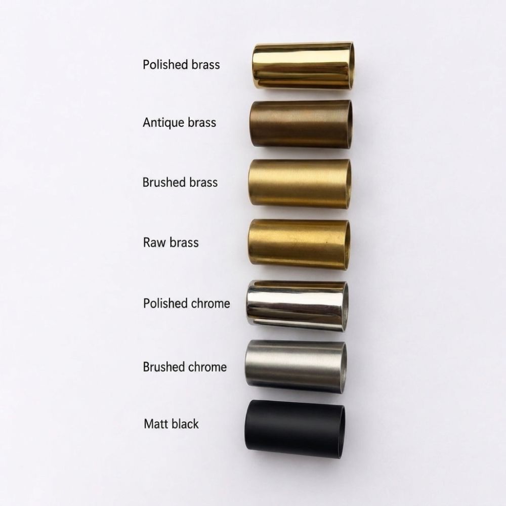 Metal finish samples showing polished brass, antique brass, brushed brass, raw brass, polished chrome, brushed chrome, and matt black cylindrical tubes.