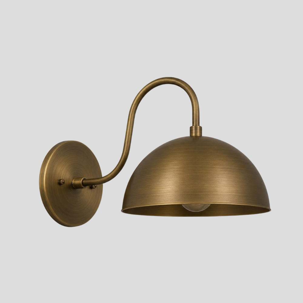Brass Gooseneck Wall Lamp - Modern Curved Wide Dome Sconce with tall arc arm, wide half-dome shade, and round wall mount base.