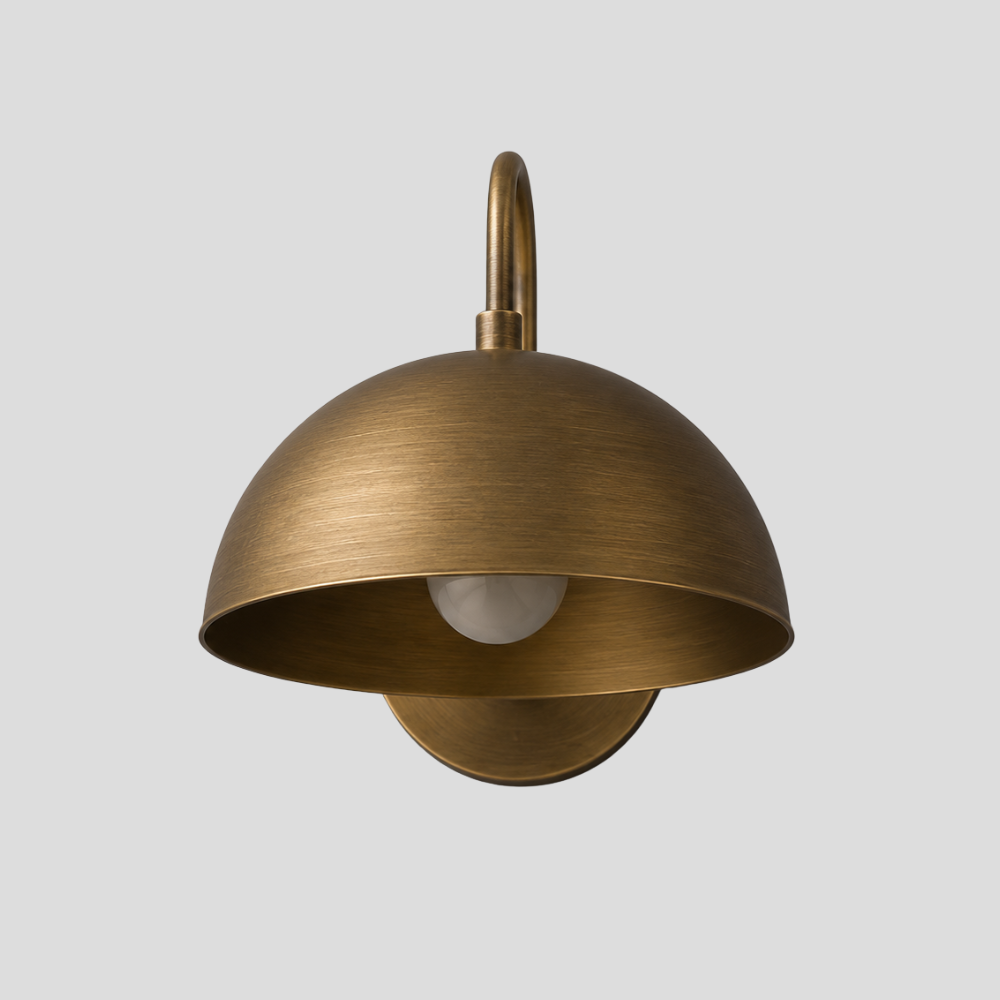 Brass Gooseneck Wall Lamp - Modern Curved Wide Dome Sconce with tall arc arm, wide half-dome shade, and round wall mount base.