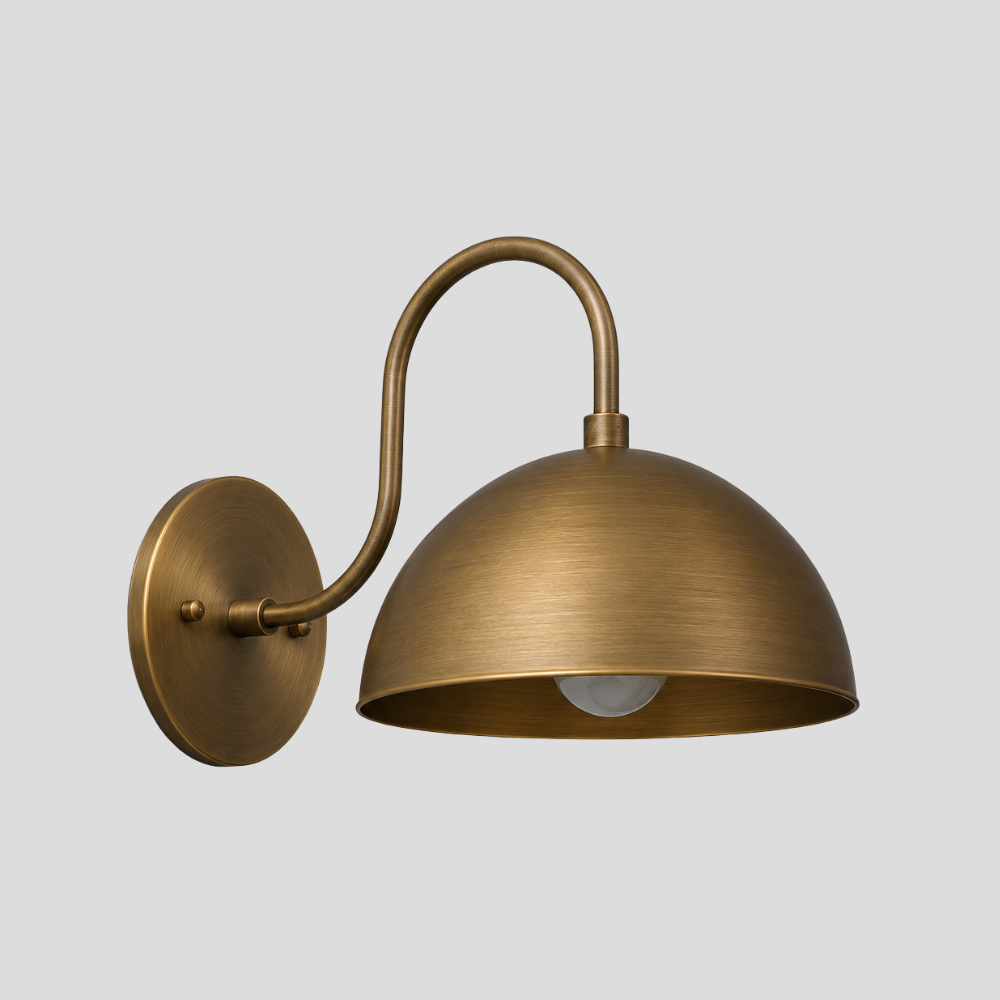 Brass Gooseneck Wall Lamp - Modern Curved Wide Dome Sconce with tall arc arm, wide half-dome shade, and round wall mount base.
