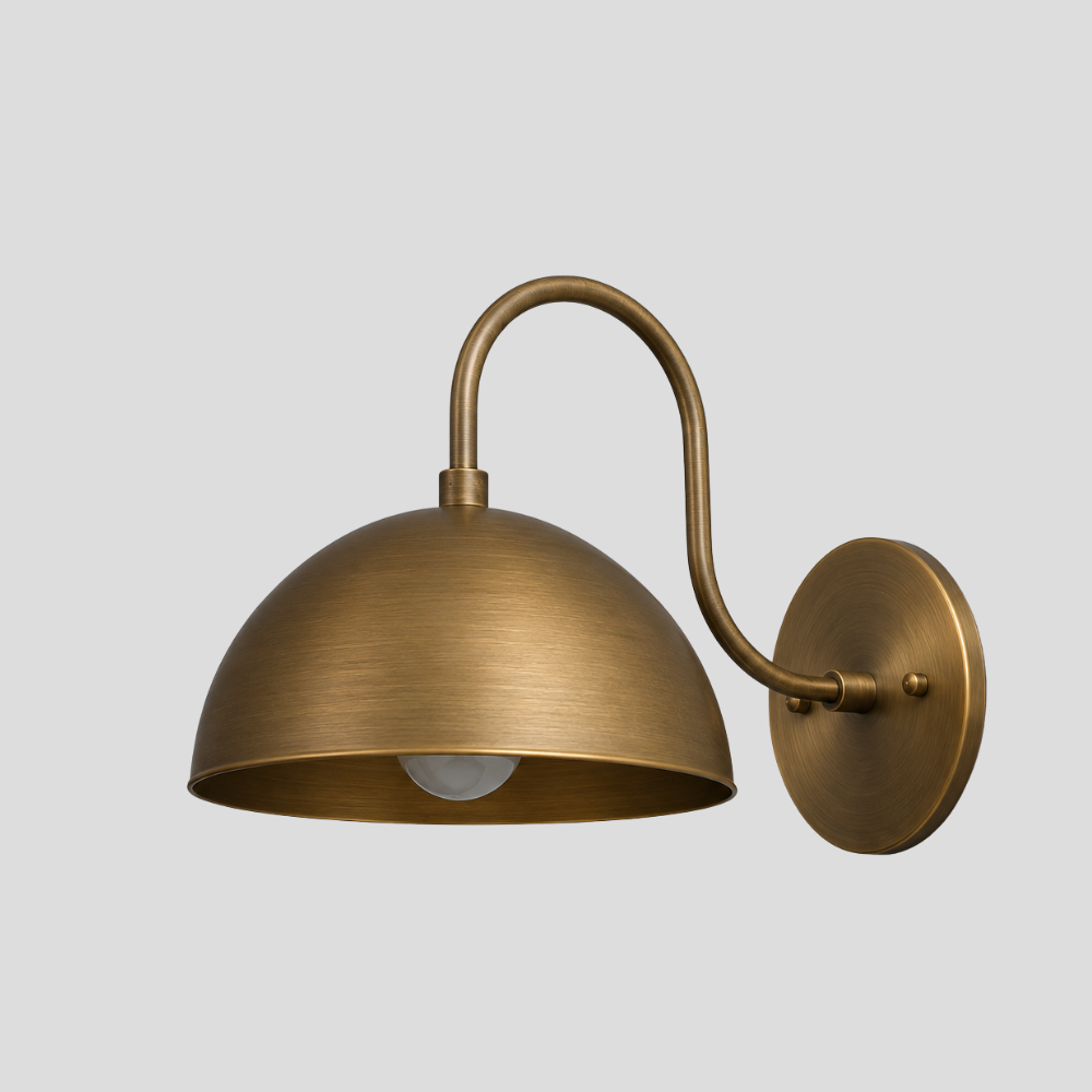 Brass Gooseneck Wall Lamp - Modern Curved Wide Dome Sconce with tall arc arm, wide half-dome shade, and round wall mount base.
