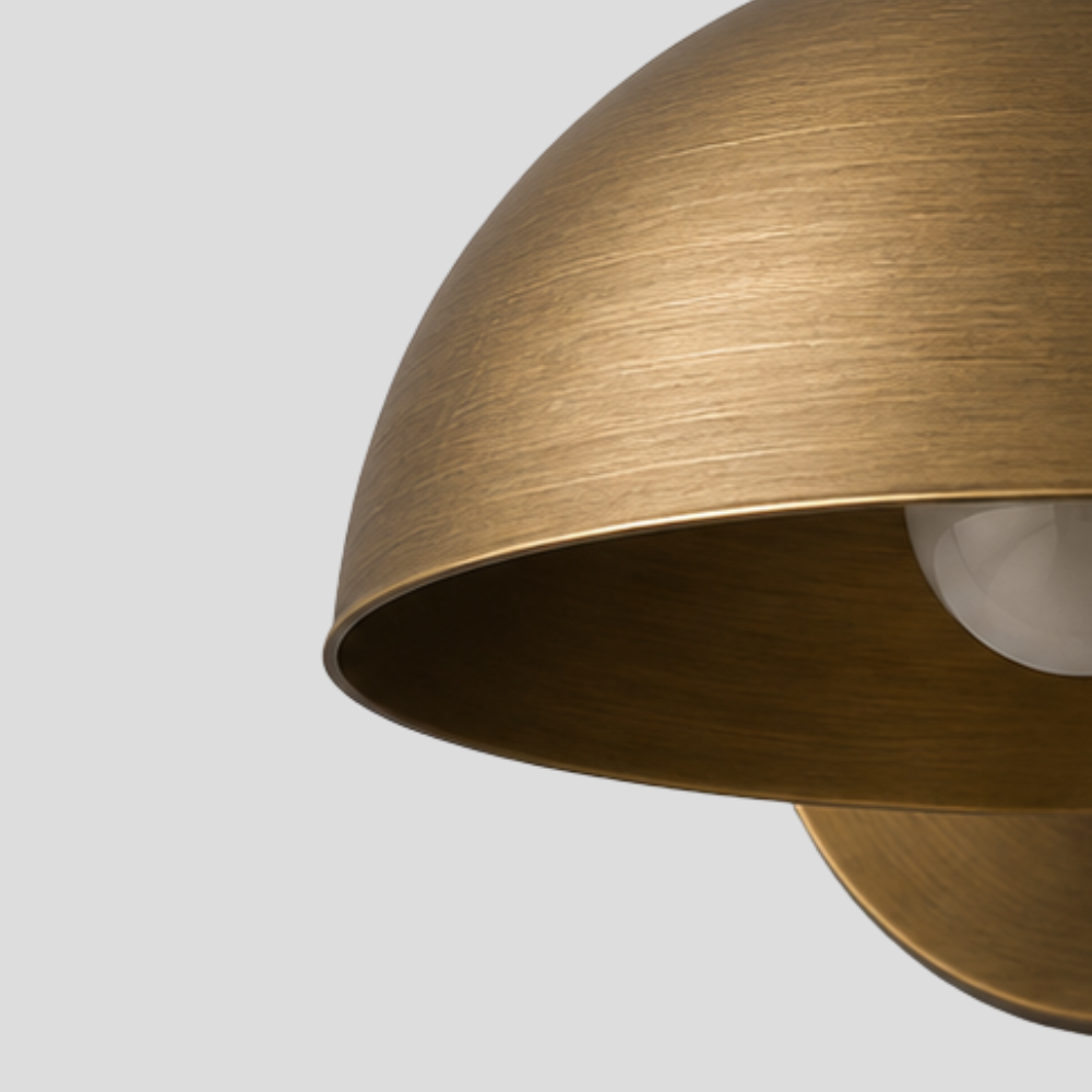 Close-up of Brass Gooseneck Wall Lamp - Modern Curved Wide Dome Sconce showing dome shade and globe bulb detail