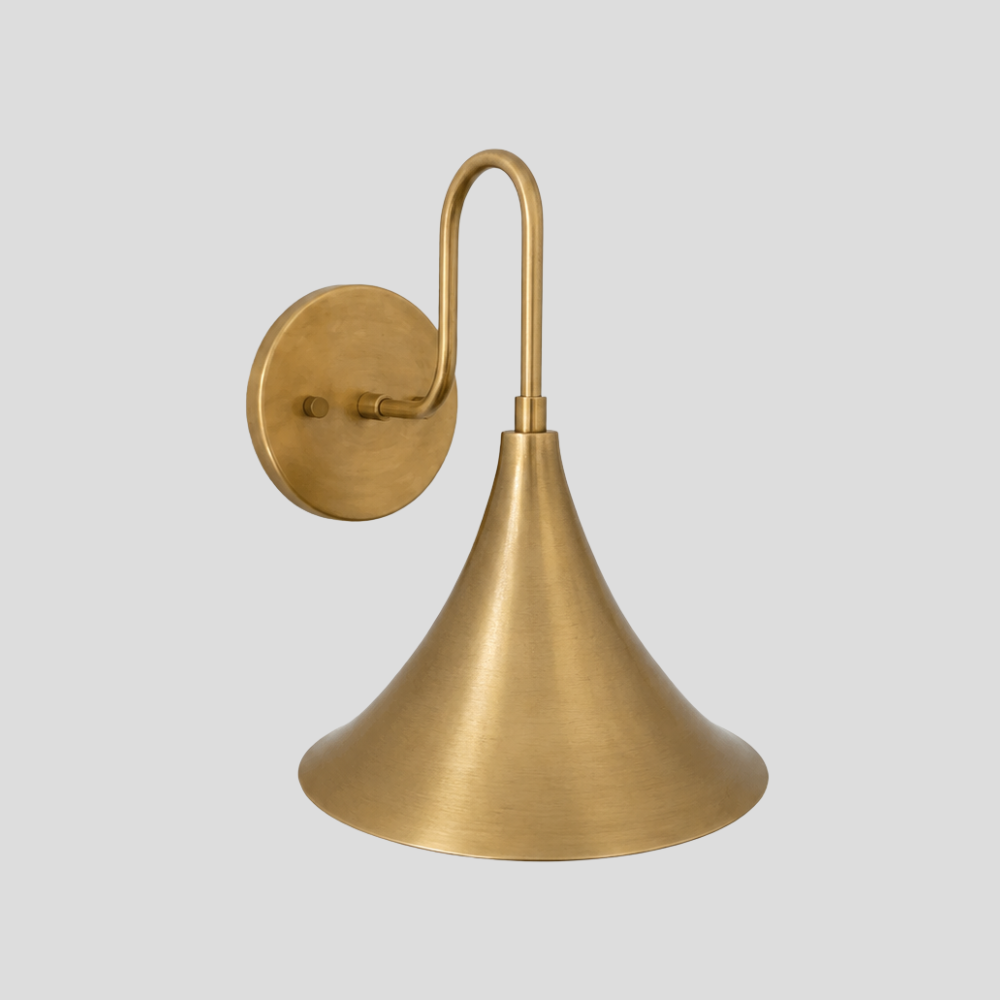 Brass Trumpet Shade Wall Lamp - Mid Century Gooseneck Sconce with wide flared cone shade, curved arc arm, and round wall mount base.