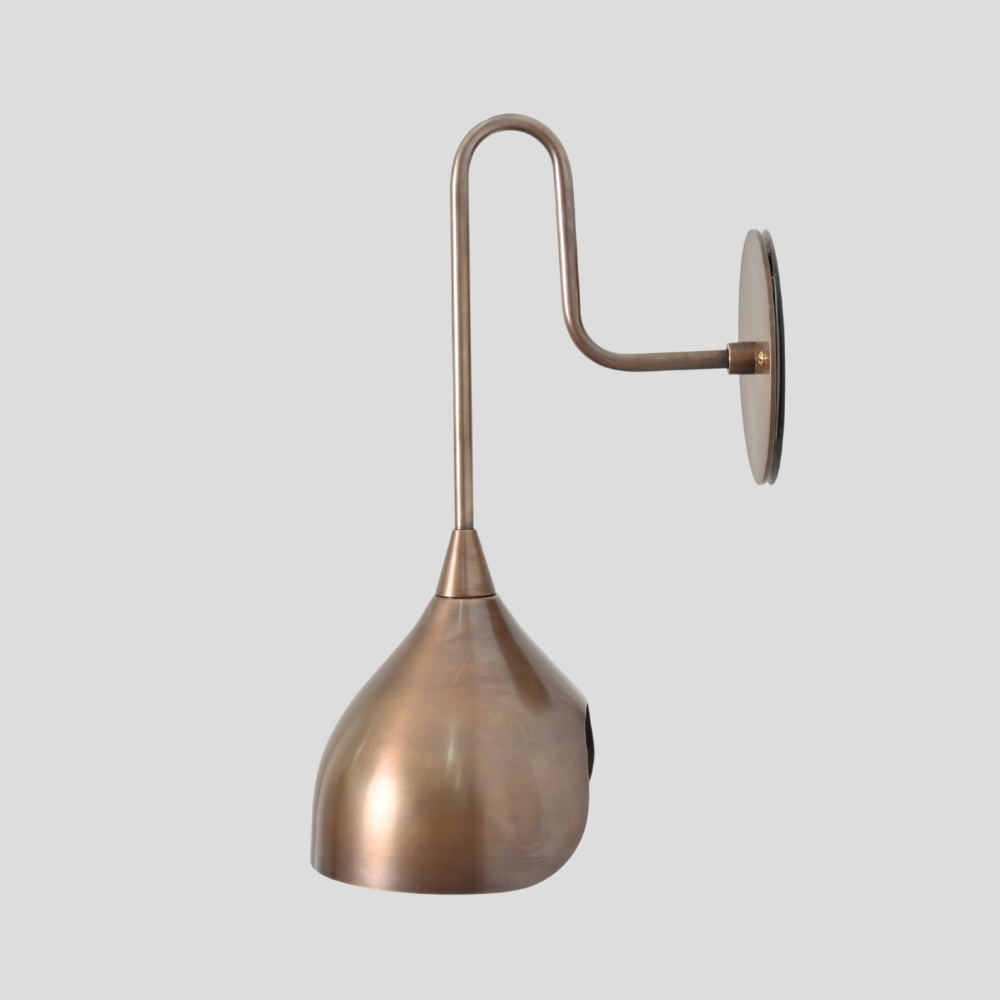 Mid Century pure brass wall lamp with a vintage curved arm shade, handmade lighting designed by LightCove 