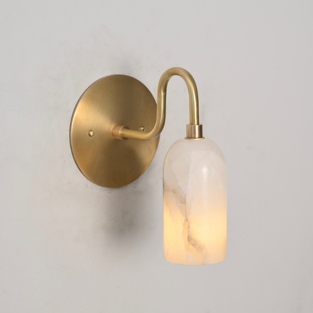 Mid century brass wall light with cylindrical alabaster shade