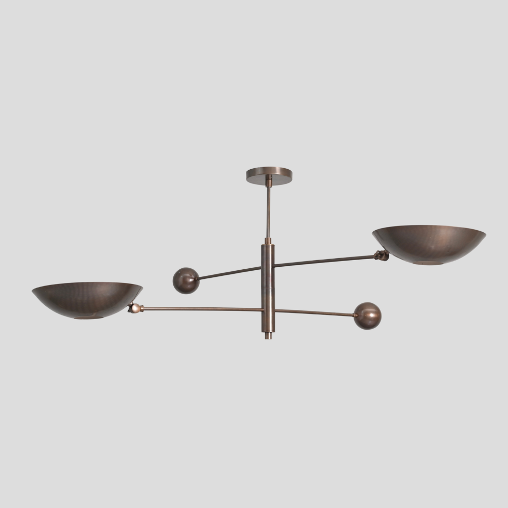 Double Arm Brass Bowl Chandelier - Mid Century Dome Ceiling Light featuring a sputnik two arm design with an antique brass finish.