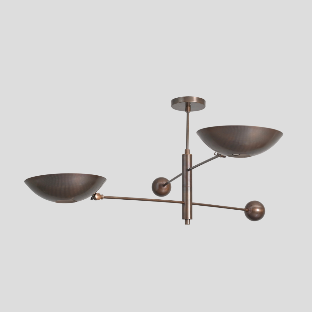Double Arm Brass Bowl Chandelier - Mid Century Dome Ceiling Light featuring a sputnik two arm design with an antique brass finish.