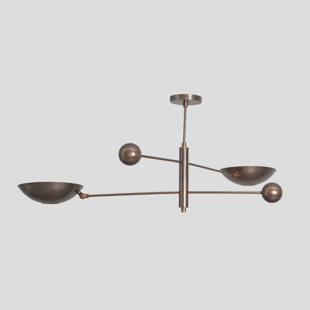 Double Arm Brass Bowl Chandelier - Mid Century Dome Ceiling Light featuring a sputnik two arm design with an antique brass finish.