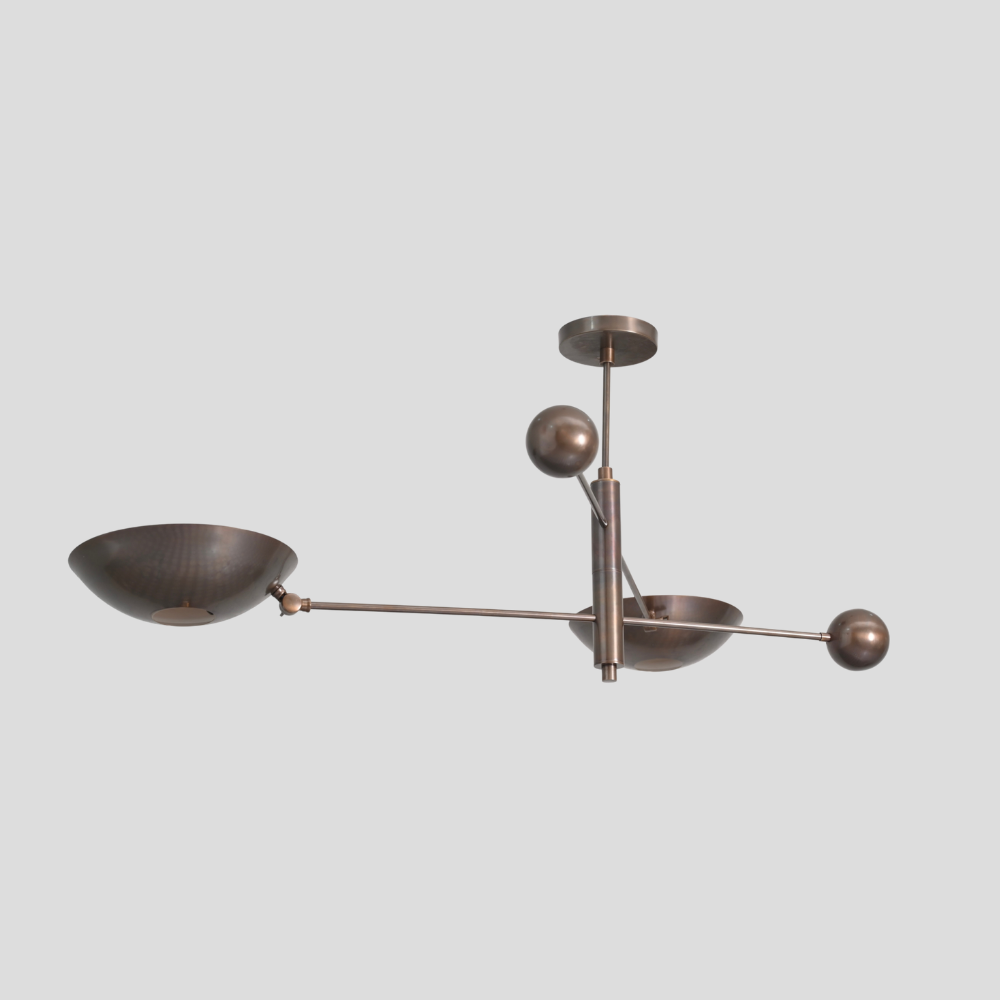 Double Arm Brass Bowl Chandelier - Mid Century Dome Ceiling Light featuring a sputnik two arm design with an antique brass finish.