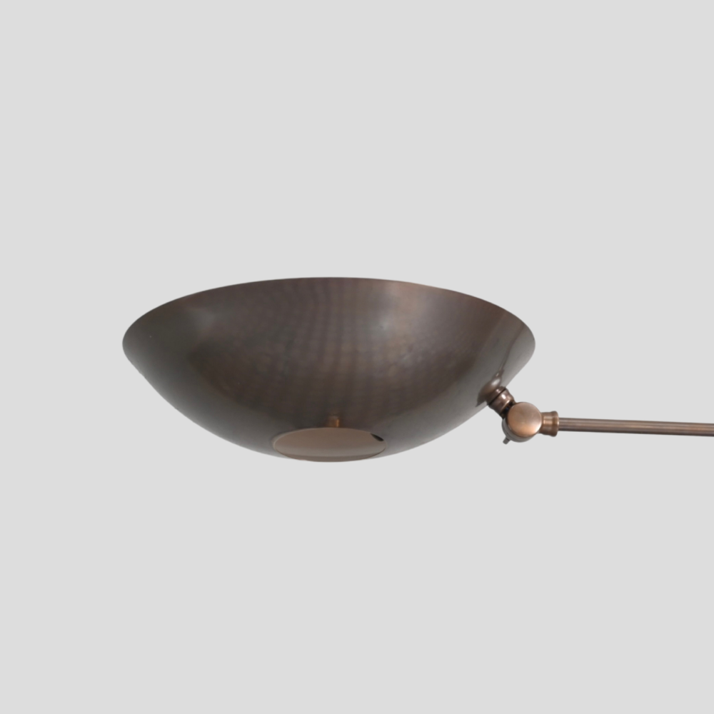 Close-up of the Double Arm Brass Bowl Chandelier - Mid Century Dome Ceiling Light, showing the brass bowl shade and swivel joint details.