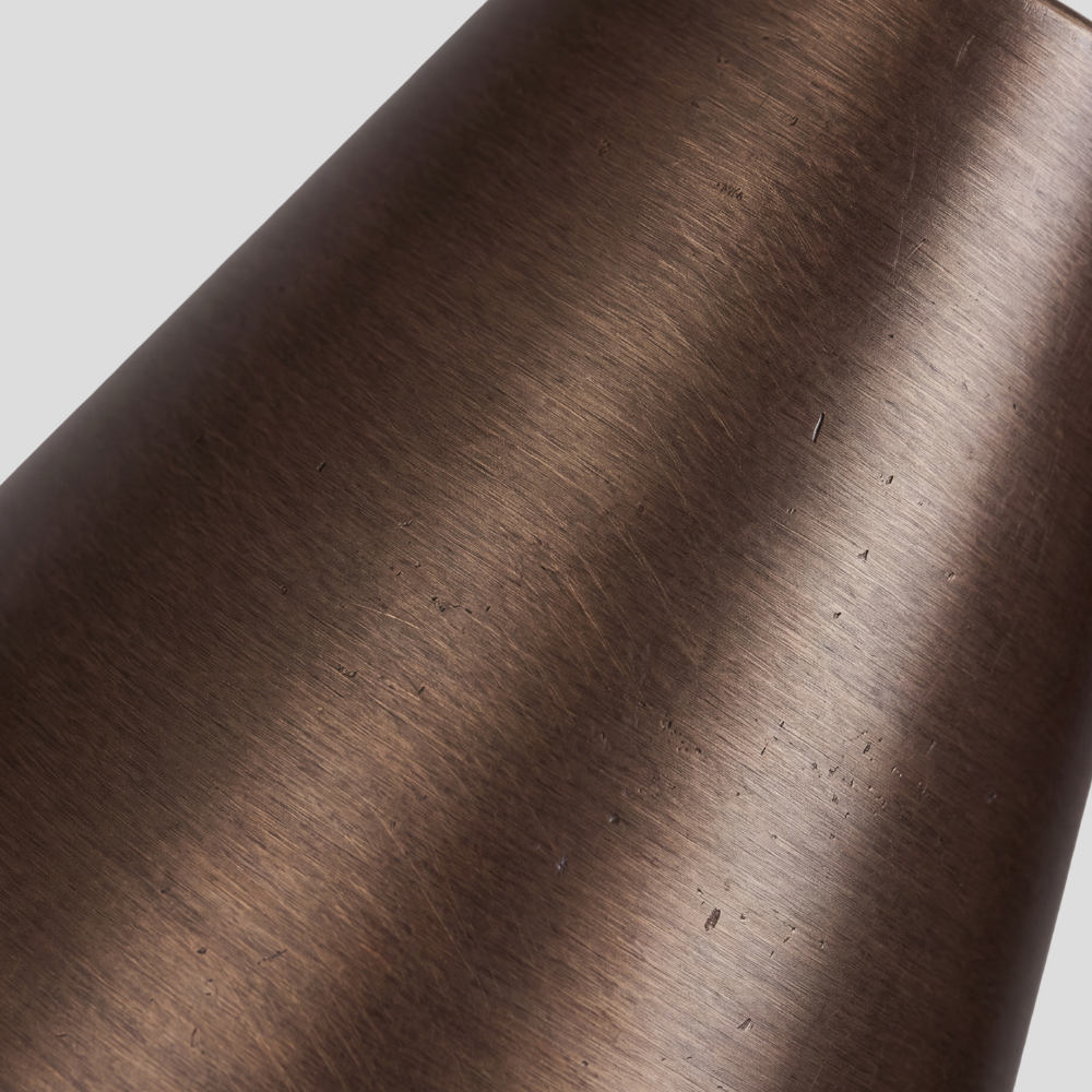 Close-up detail view of Double Brass Cone Shade Flush Mount - Adjustable Ceiling Light showing angled shade in Antique Brass finish.