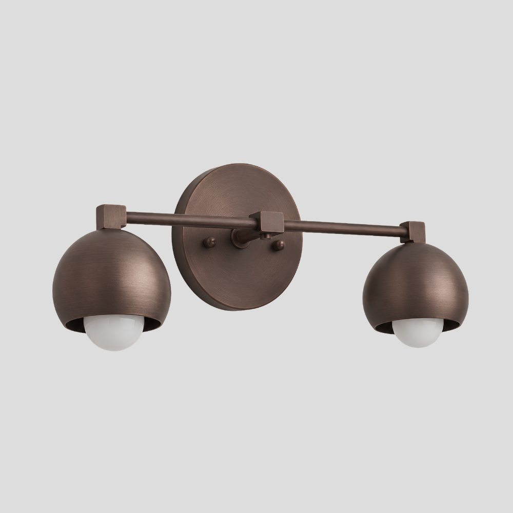Double Rounded Brass Dome Vanity Light - Mid Century Globe Wall Sconce with horizontal bar arm, dual dome shades, and round wall mount base.