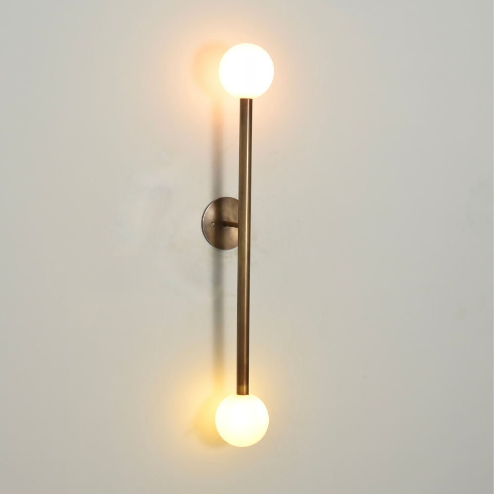 Handmade brass vertical shade with a double globe wall lamp, sculptural design by LightCove 