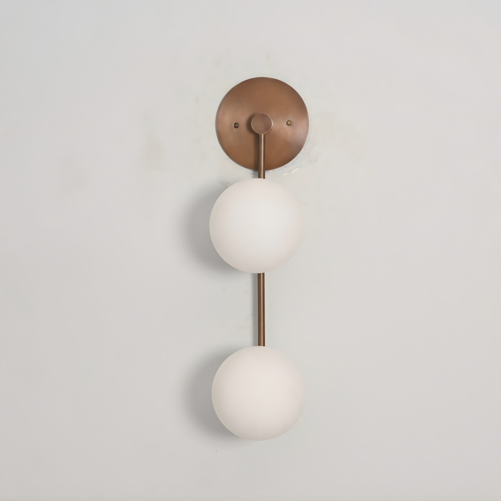 Mid century modern 2 frosted glass globe wall sconce designed with a pure brass vertical rod by LightCove 