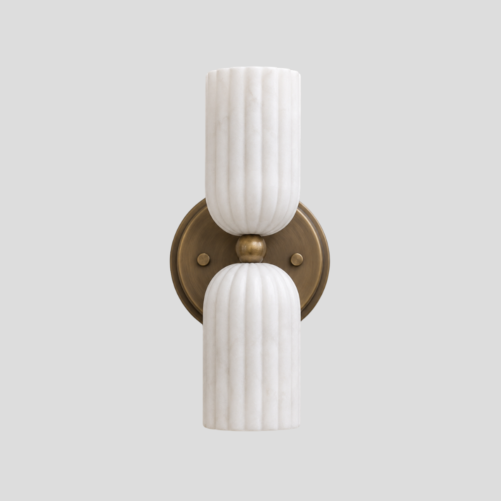 Dual Fluted Alabaster Sconce - Brass Ribbed Marble Shade Wall Lamp with a vintage-style brass wall plate, ribbed marble shades and a dual alabaster marble lamp design.