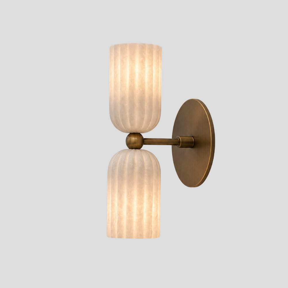 Dual Fluted Alabaster Sconce - Brass Ribbed Marble Shade Wall Lamp with a vintage-style brass wall plate, ribbed marble shades and a dual alabaster marble lamp design.