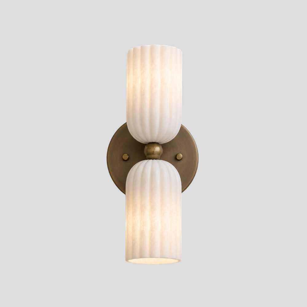 Dual Fluted Alabaster Sconce - Brass Ribbed Marble Shade Wall Lamp with a vintage-style brass wall plate, ribbed marble shades and a dual alabaster marble lamp design.