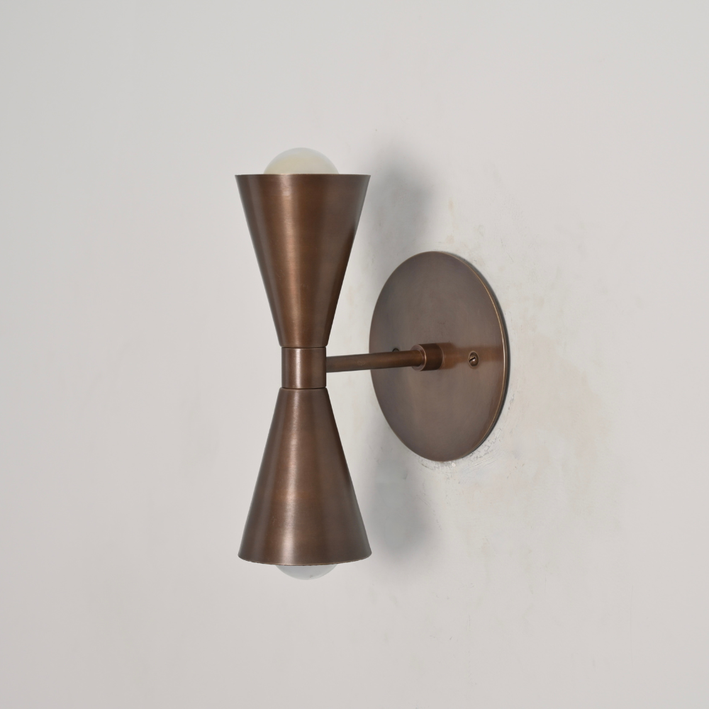 Mid century dual cone brass sconce inspired by 1950s design 