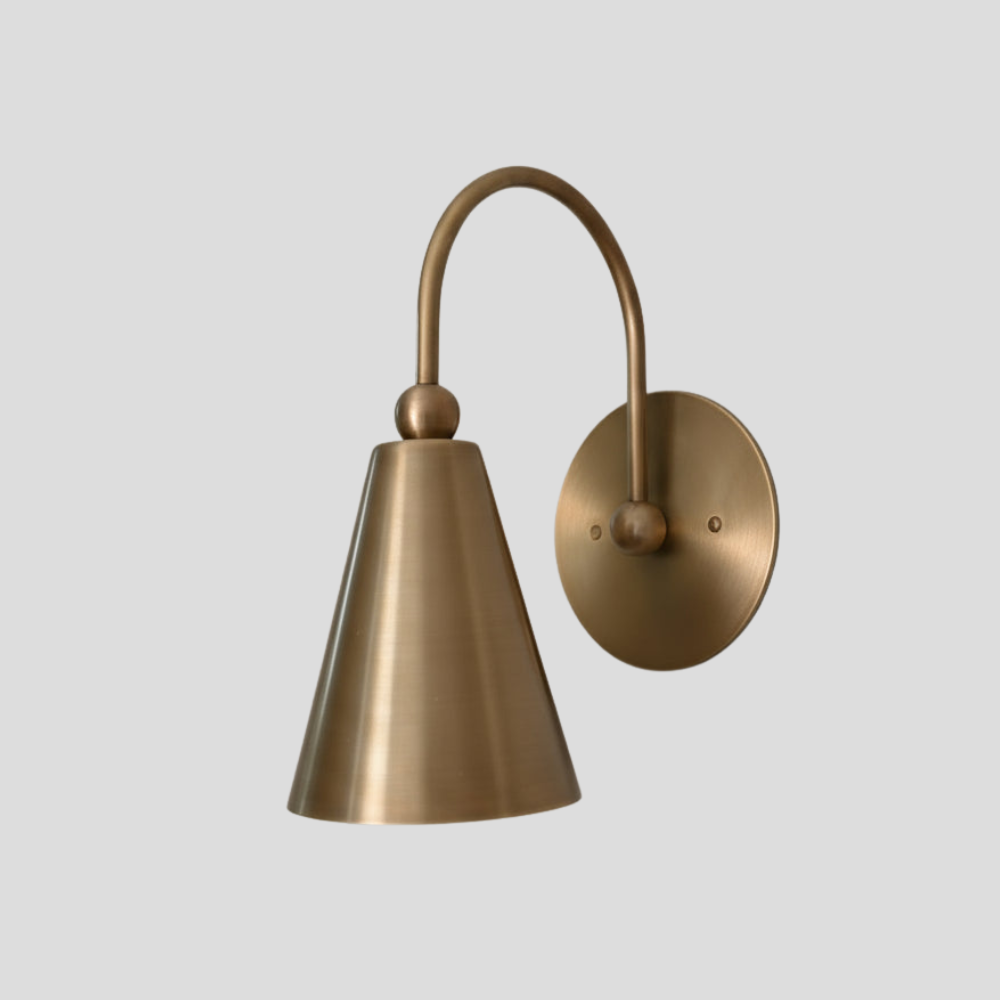 Modern Brass Cone Shade Sconce - Curved Gooseneck Wall Light with arc arm, tapered cone shade, and round wall mount base