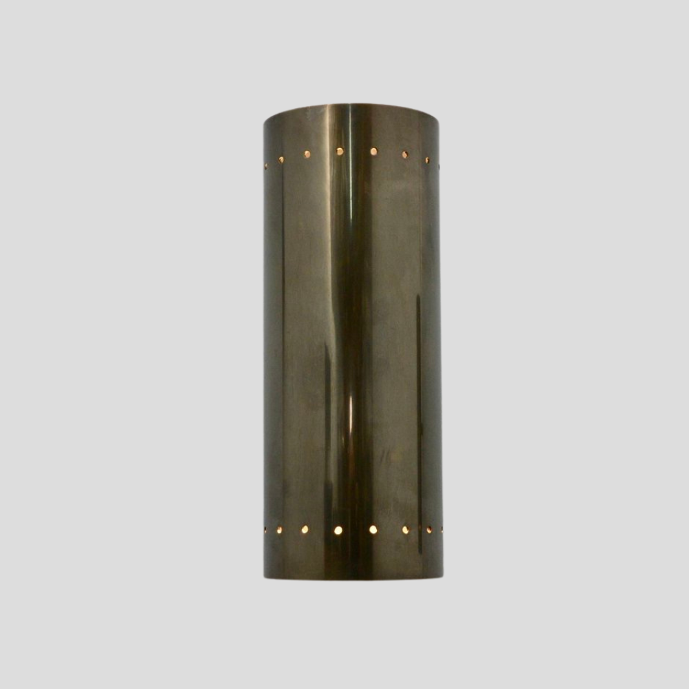 Perforated Brass Cylinder Sconce - Double Up & Down Wall Light with vertical brass tube, perforated up & down 2 light design, and round wall mount base