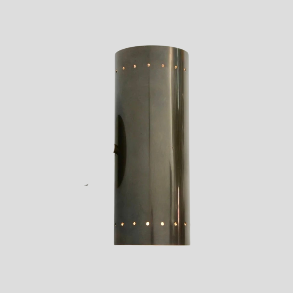 Perforated Brass Cylinder Sconce - Double Up & Down Wall Light with vertical brass tube, perforated up & down 2 light design, and round wall mount base