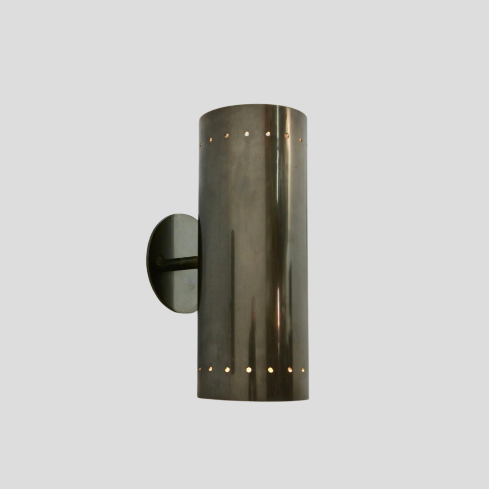 Perforated Brass Cylinder Sconce - Double Up & Down Wall Light with vertical brass tube, perforated up & down 2 light design, and round wall mount base