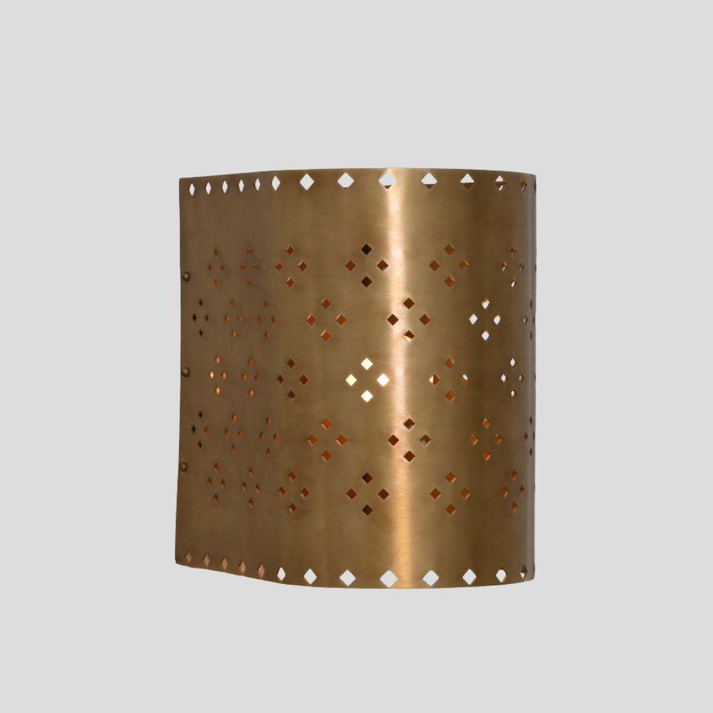 Perforated Cylinder Brass Sconce - Geometric Cut Diamond Wall Lamp with cylindrical brass shade, diamond cutout pattern, and perforated design