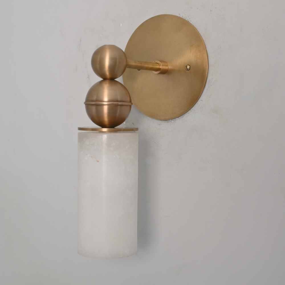 Mid century modern brass wall light with natural alabaster diffuser