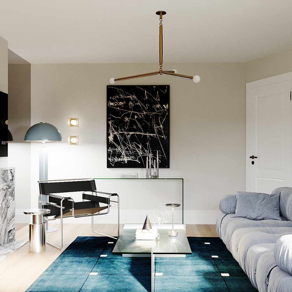 Mid century 3 light brass globe chandelier in a modern and vintage living room  designed by LightCove 