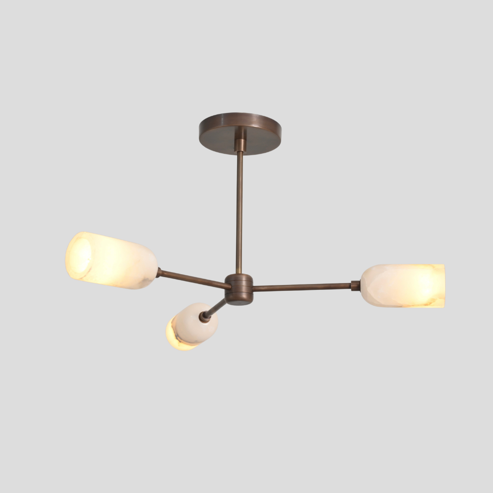 Triple Brass Alabaster Branch Pendant - Modern Brass Marble Ceiling Light with linear rod arms, cylindrical marble shade, and round ceiling canopy