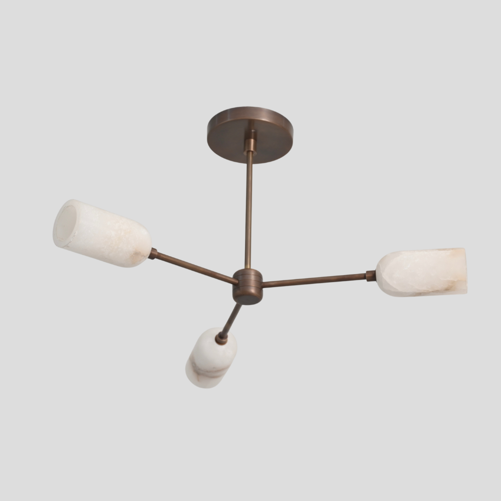 Triple Brass Alabaster Branch Pendant - Modern Brass Marble Ceiling Light with linear rod arms, cylindrical marble shade, and round ceiling canopy