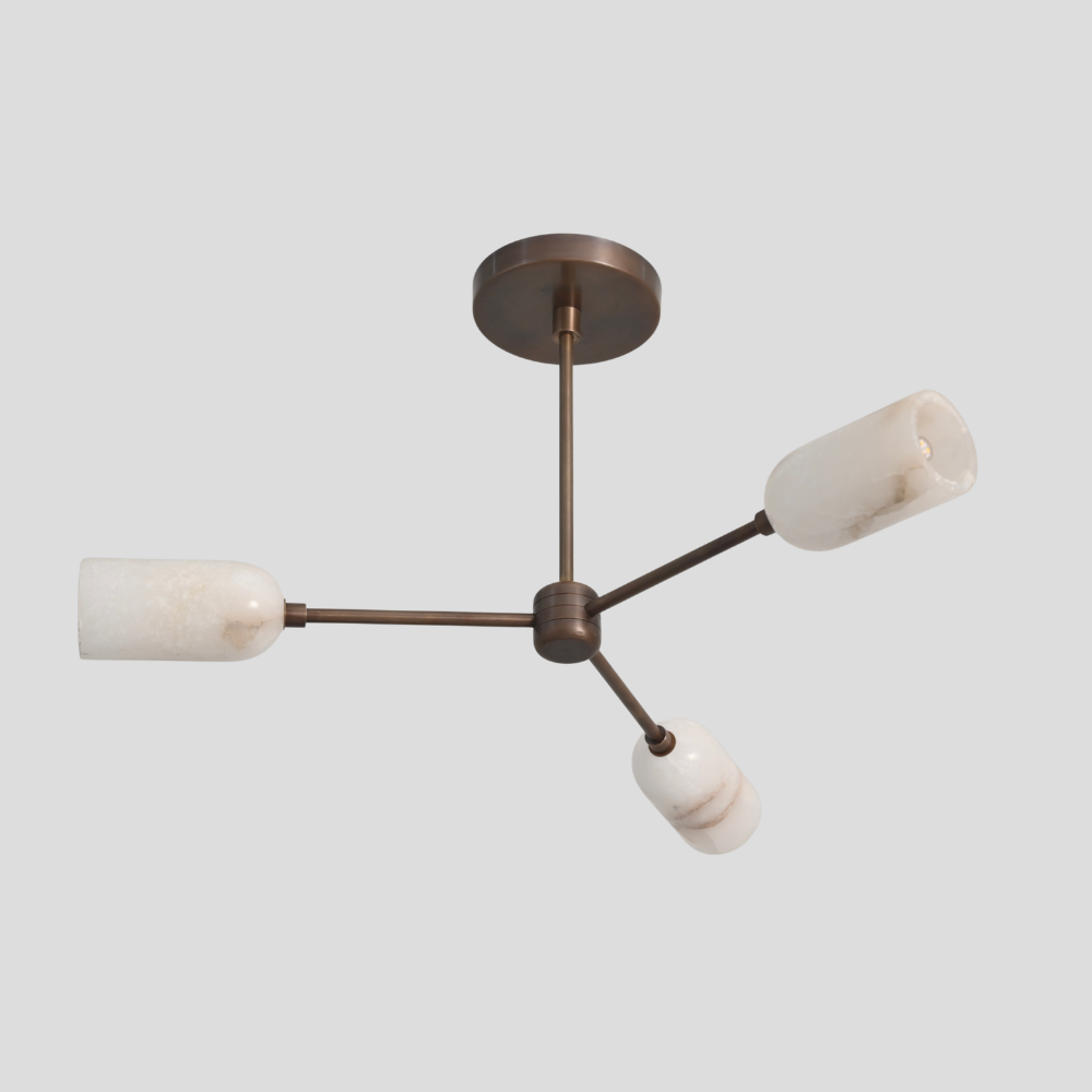 Triple Brass Alabaster Branch Pendant - Modern Brass Marble Ceiling Light with linear rod arms, cylindrical marble shade, and round ceiling canopy