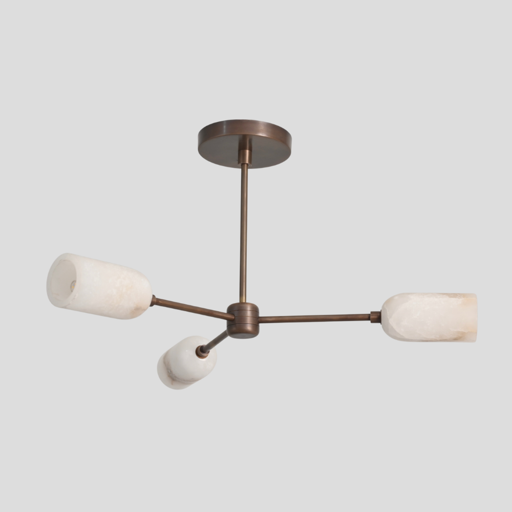Triple Brass Alabaster Branch Pendant - Modern Brass Marble Ceiling Light with linear rod arms, cylindrical marble shade, and round ceiling canopy