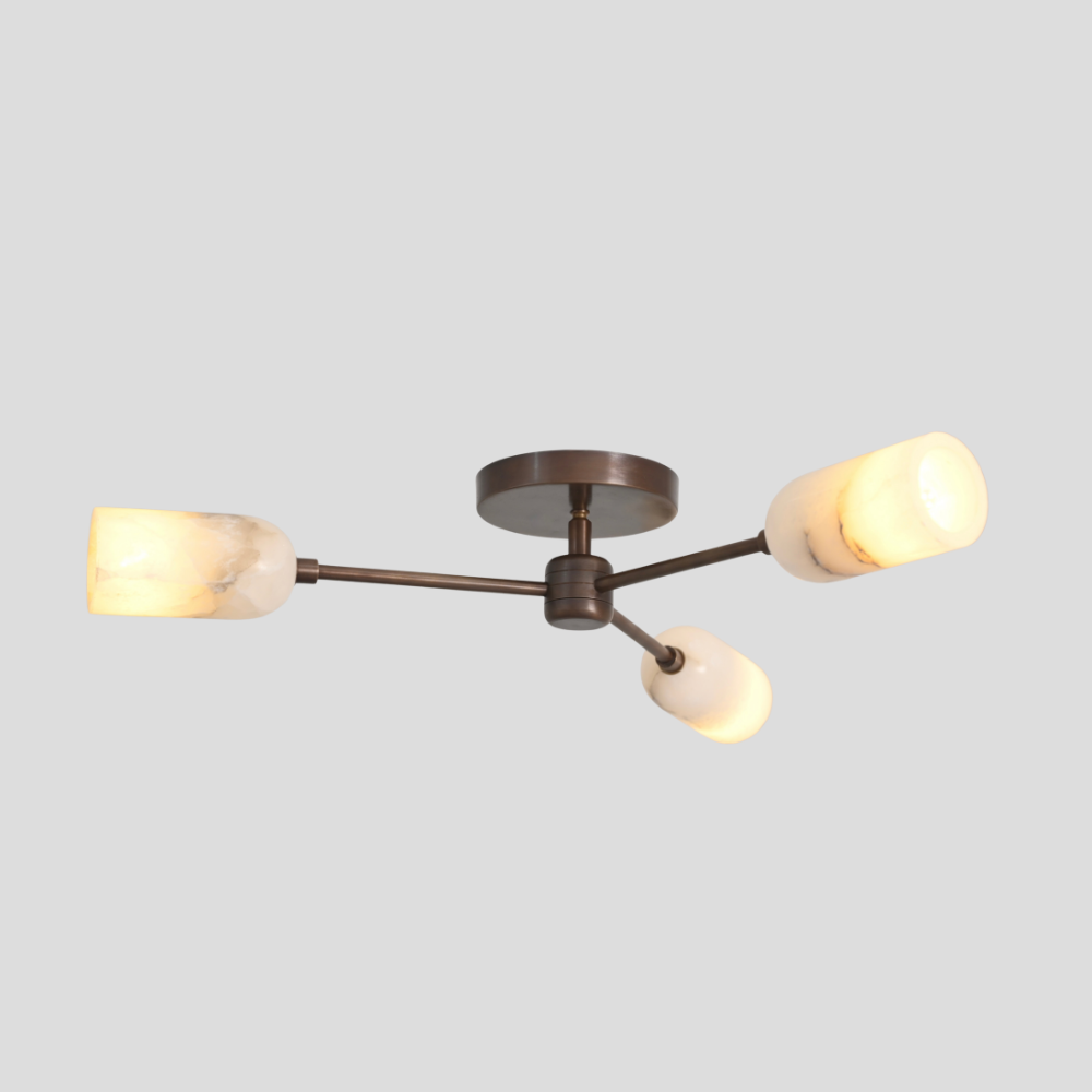 Triple Alabaster Brass Ceiling Light - Mid Century Branch Flush Mount with Alabaster Cylinder Shade and Branch Design Flush Mount in Antique Brass Finish